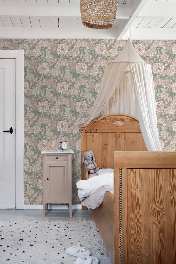 ESTAhome tapet vintage blomster antikrosa og gråligtgrønt 0,53 x 10,05 m