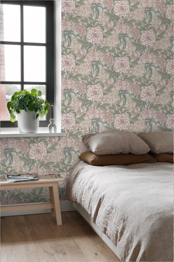 ESTAhome tapet vintage blomster antikrosa og gråligtgrønt 0,53 x 10,05 m