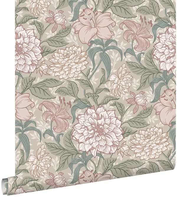 ESTAhome tapet vintage blomster antikrosa og gråligtgrønt 0,53 x 10,05 m