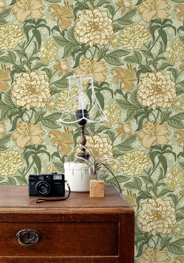 ESTAhome tapet vintage blomster grønt og okkergult 0,53 x 10,05 m