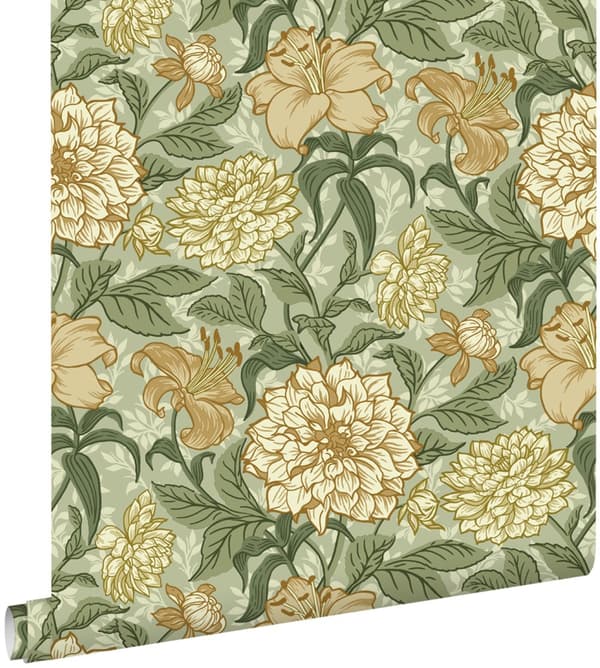 ESTAhome tapet vintage blommor grönt och ockra 0,53 x 10,05 m