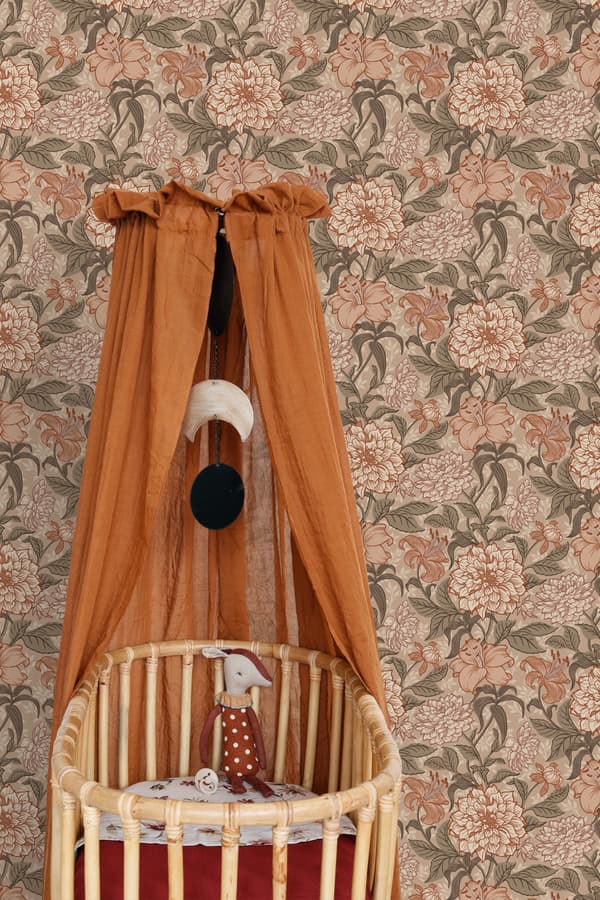 ESTAhome tapet vintage blomster antikrosa, gråligtgrønt og terracotta pink 0,53 x 10,05 m