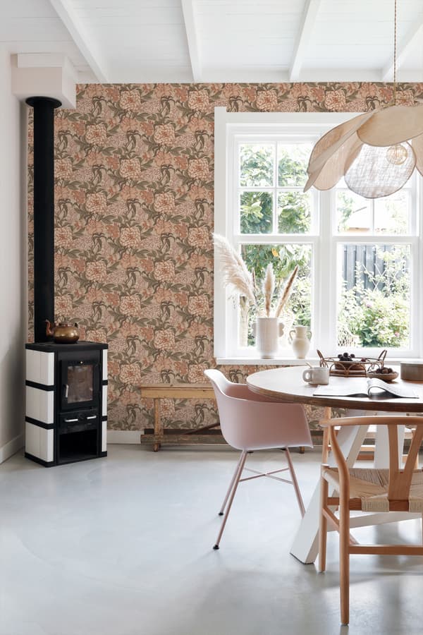 ESTAhome tapet vintage blomster antikrosa, gråligtgrønt og terracotta pink 0,53 x 10,05 m