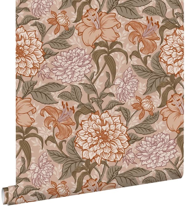 ESTAhome tapet vintage blommor antikrosa, grågrönt och terrakotta rosa 0,53 x 10,05 m