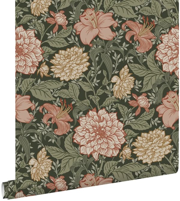 ESTAhome tapet vintage blommor grågrönt och terrakotta rosa 0,53 x 10,05 m
