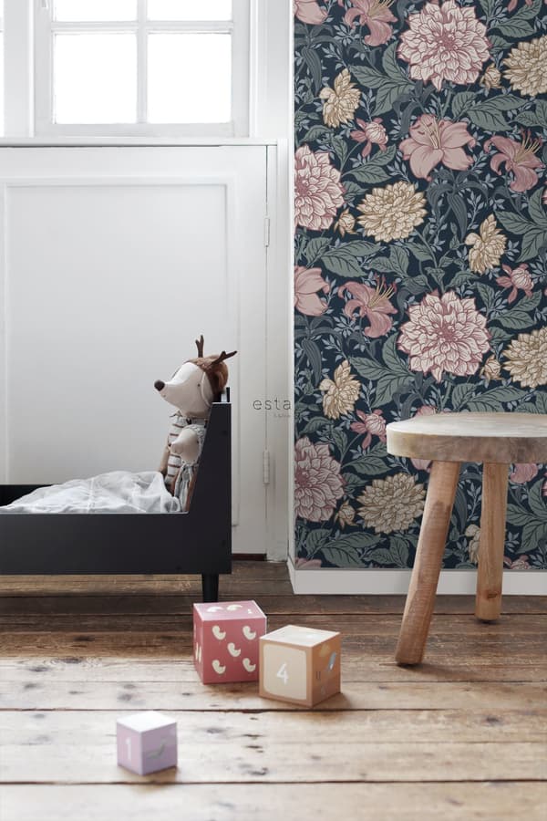ESTAhome tapet vintage blomster blåt og antikrosa 0,53 x 10,05 m