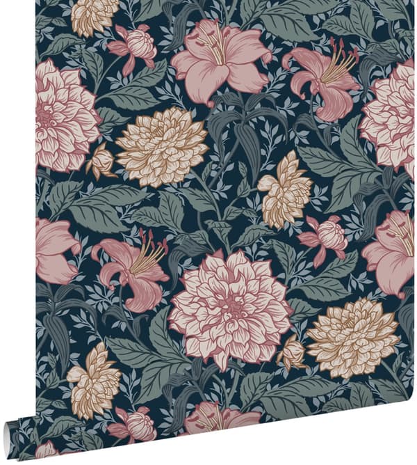 ESTAhome tapet vintage blommor blått och antikrosa 0,53 x 10,05 m