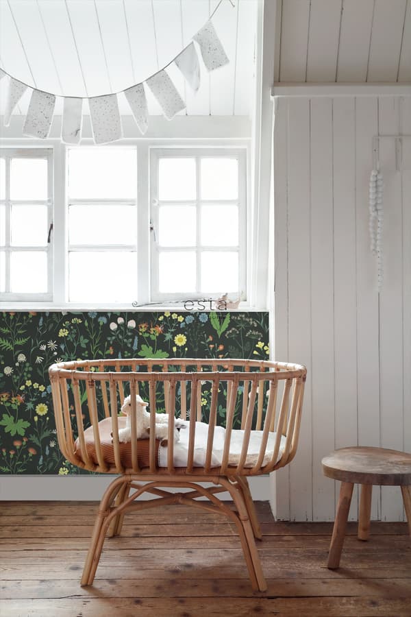 ESTAhome tapet vilda blommor mångfärgat på svart 0,53 x 10,05 m