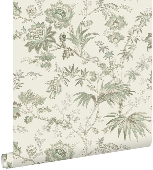 ESTAhome tapet vintage blommor krämfärgat och grågrönt 0.53 x 10.05 m