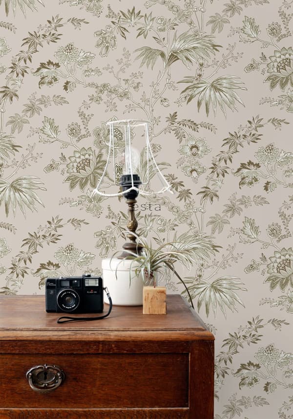 ESTAhome tapet vintage blomster antikrosa og olivengrønt 0.53 x 10.05 m