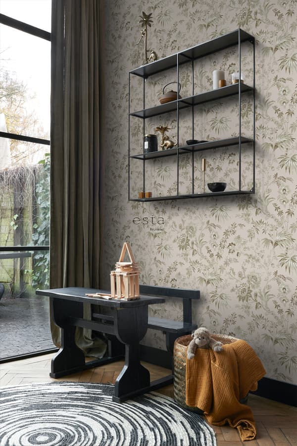 ESTAhome tapet vintage blomster antikrosa og olivengrønt 0.53 x 10.05 m