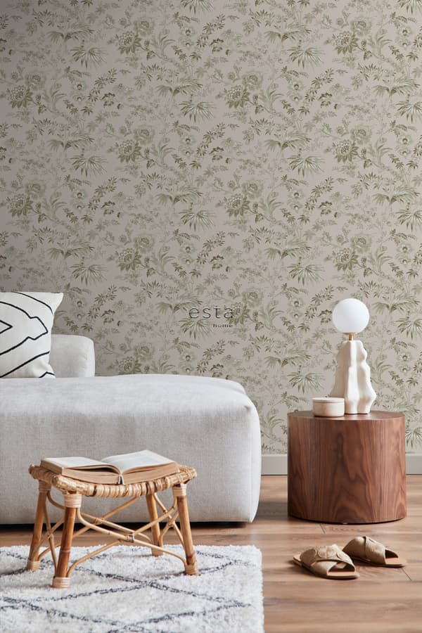 ESTAhome tapet vintage blomster antikrosa og olivengrønt 0.53 x 10.05 m