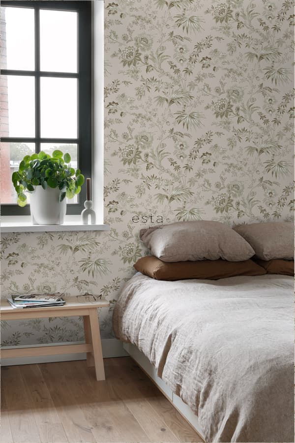 ESTAhome tapet vintage blomster antikrosa og olivengrønt 0.53 x 10.05 m