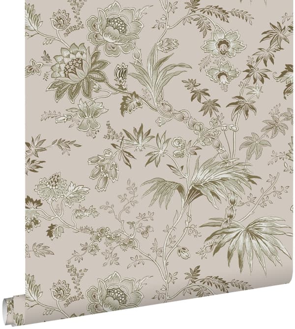 ESTAhome tapet vintage blomster antikrosa og olivengrønt 0.53 x 10.05 m