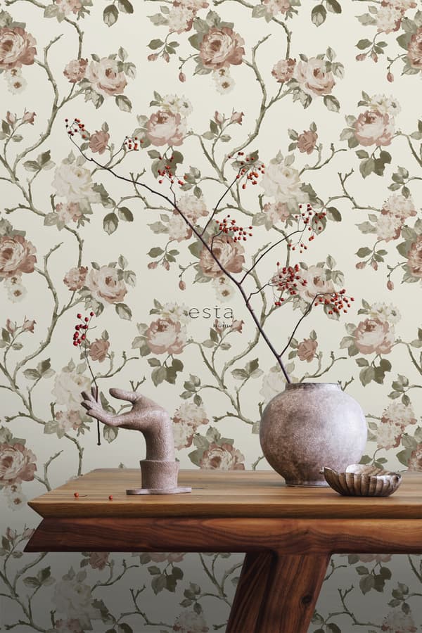 ESTAhome tapet vintage blomster off-hvidt og antikrosa 0.53 x 10.05 m