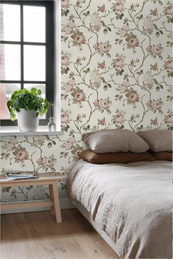 ESTAhome tapet vintage blomster off-hvidt og antikrosa 0.53 x 10.05 m