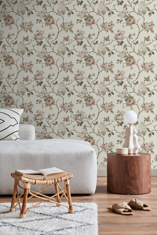 ESTAhome tapet vintage blomster off-hvidt og antikrosa 0.53 x 10.05 m
