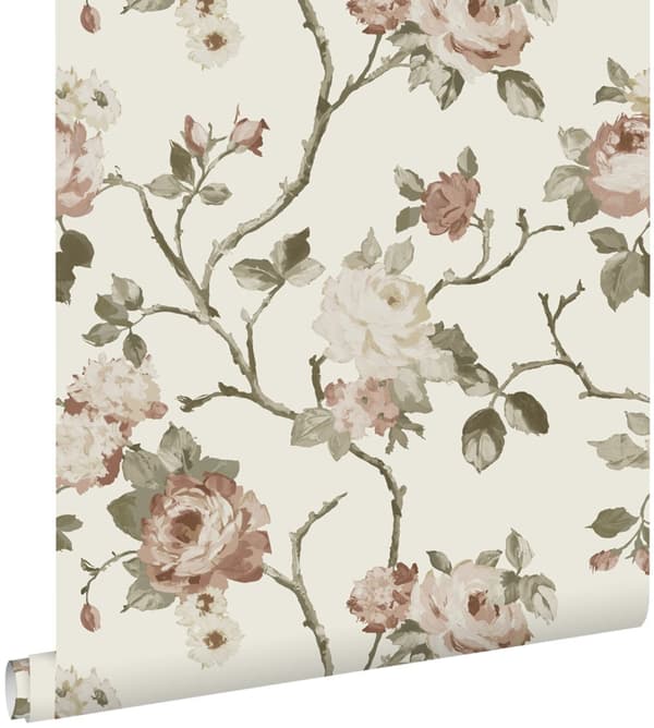 ESTAhome tapet vintage blomster off-hvidt og antikrosa 0.53 x 10.05 m