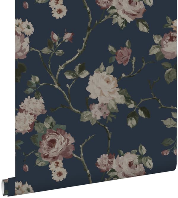 ESTAhome tapet vintage blomster mørkeblåt og antikrosa 0.53 x 10.05 m