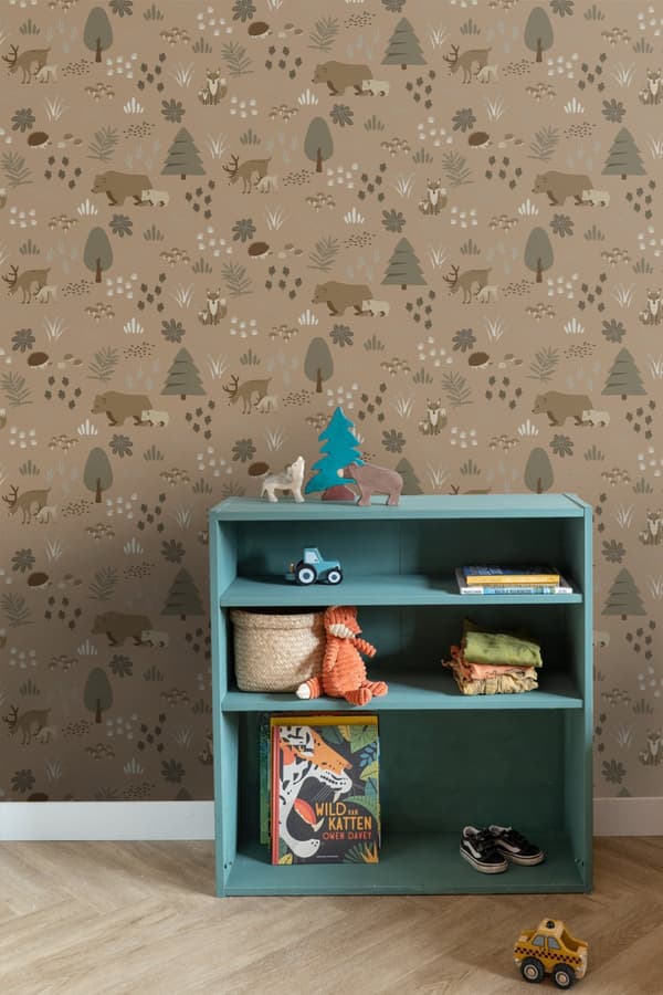 ESTAhome tapet skov med skovdyr beige brun 0.53 x 10.05 m