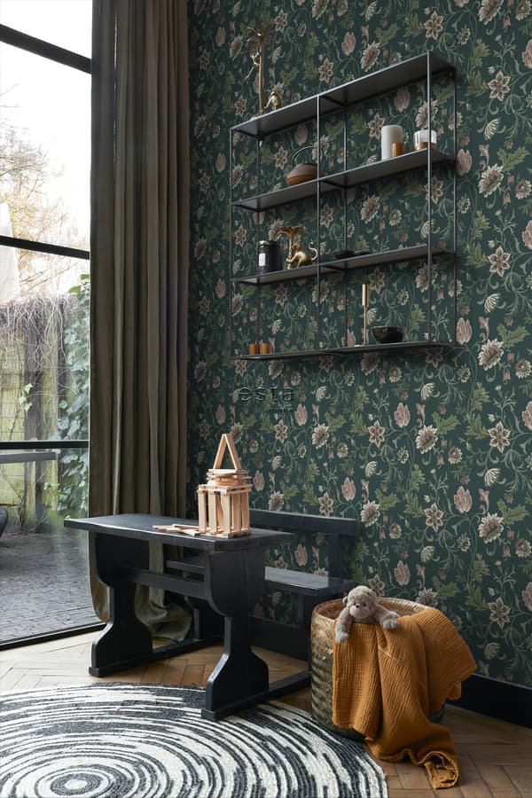 ESTAhome tapet vintage blomster antracitgråt og grønt 0.53 x 10.05 m