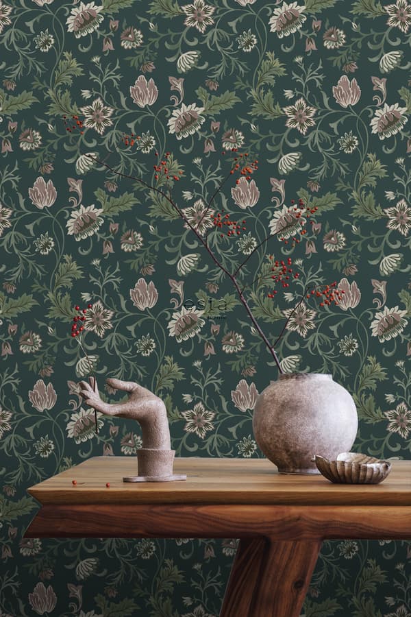 ESTAhome tapet vintage blomster antracitgråt og grønt 0.53 x 10.05 m