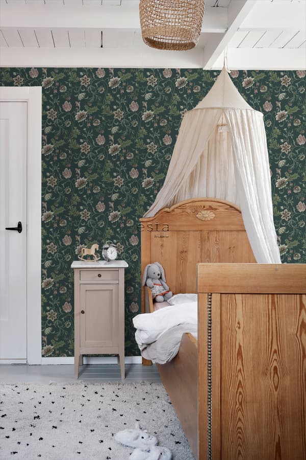 ESTAhome tapet vintage blomster antracitgråt og grønt 0.53 x 10.05 m