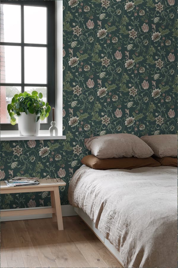 ESTAhome tapet vintage blomster antracitgråt og grønt 0.53 x 10.05 m
