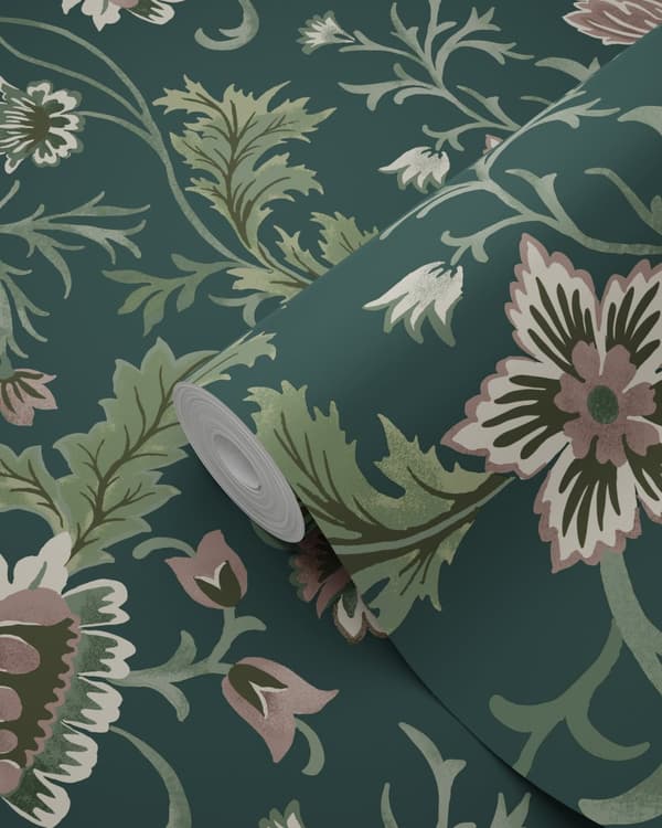 ESTAhome tapet vintage blomster antracitgråt og grønt 0.53 x 10.05 m