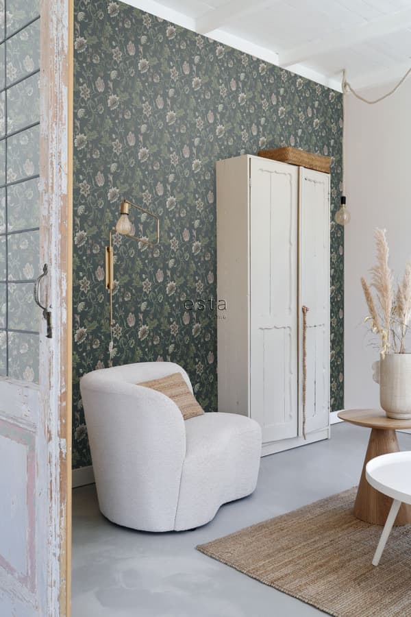ESTAhome tapet vintage blomster antracitgråt og grønt 0.53 x 10.05 m