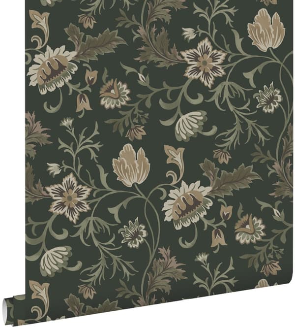 ESTAhome tapet vintage blommor svart och grönt 0.53 x 10.05 m