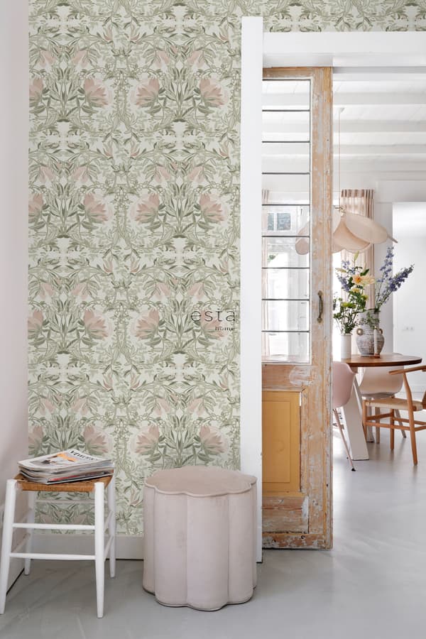 ESTAhome tapet vintage blomster i art nouveau stil sandfarvet og antikrosa 0.53 x 10.05 m