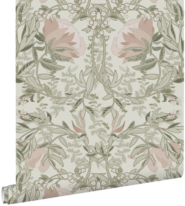 ESTAhome tapet vintage blomster i art nouveau stil sandfarvet og antikrosa 0.53 x 10.05 m