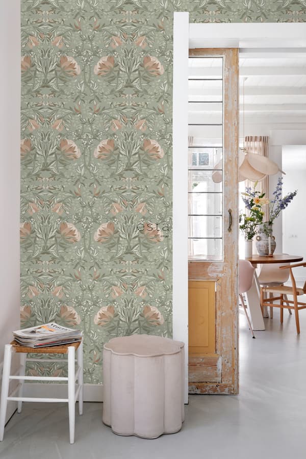 ESTAhome tapet blommor art nouveau stil grågrönt och antikrosa 0.53 x 10.05 m