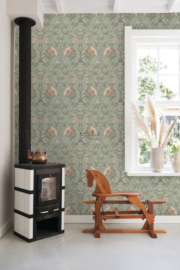 ESTAhome tapet blommor art nouveau stil grågrönt och antikrosa 0.53 x 10.05 m