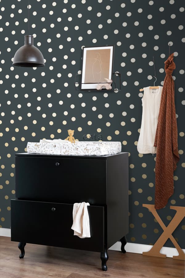 ESTAhome tapet prickar vintage gråblått och guld 0,53 x 10,05 m