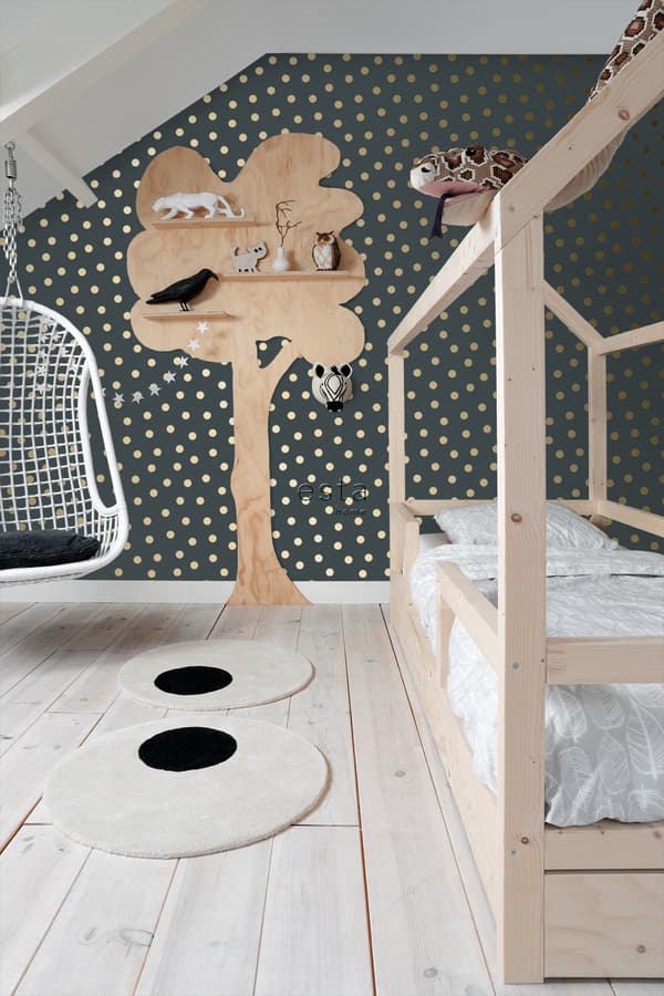 ESTAhome tapet prickar vintage gråblått och guld 0,53 x 10,05 m