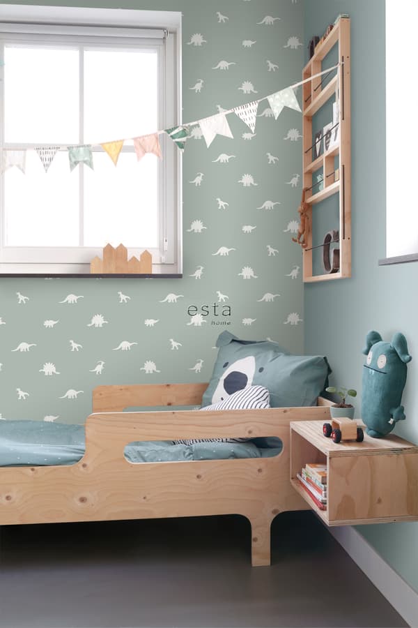 ESTAhome tapet dinosaurier gråaktigt mintgrönt 53 cm x 10,05 m