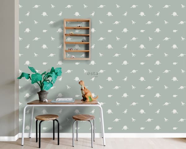 ESTAhome tapet dinosaurier gråaktigt mintgrönt 53 cm x 10,05 m