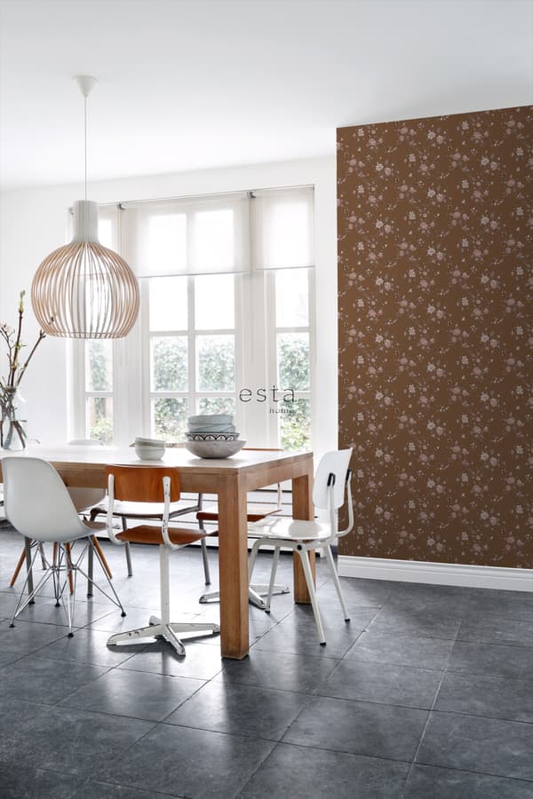 ESTAhome tapet blommor rostbrunt och rosa 53 cm x 10,05 m