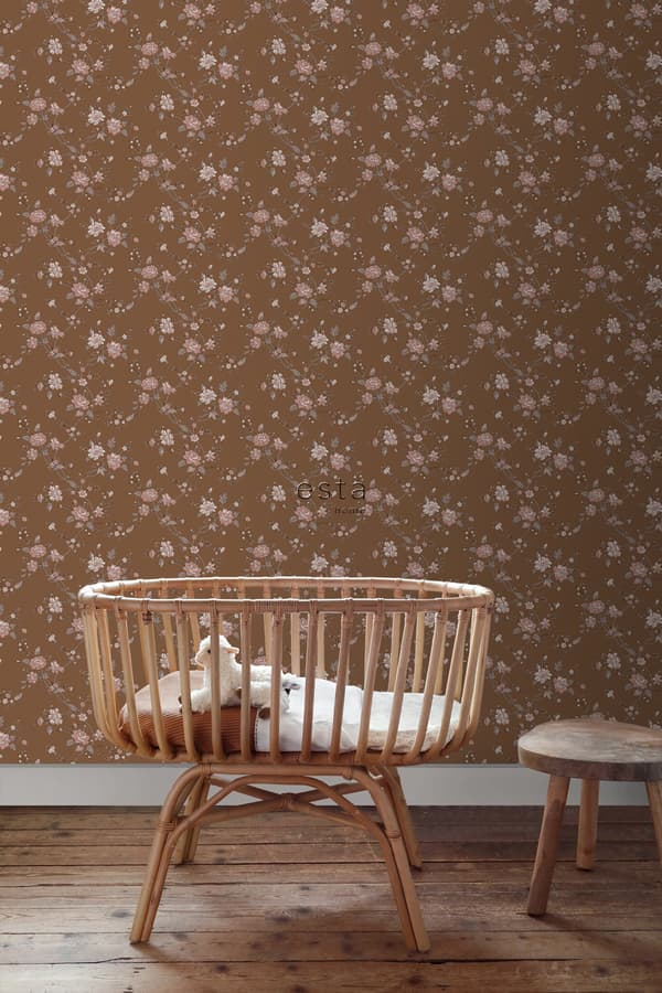 ESTAhome tapet blommor rostbrunt och rosa 53 cm x 10,05 m
