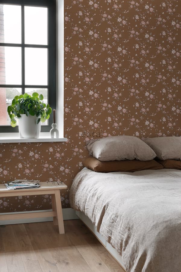 ESTAhome tapet blommor rostbrunt och rosa 53 cm x 10,05 m