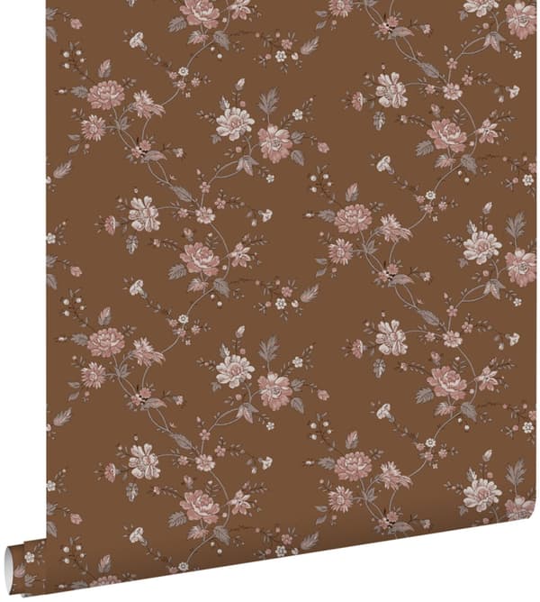 ESTAhome tapet blomster rustbrunt og lyserødt 53 cm x 10,05 m