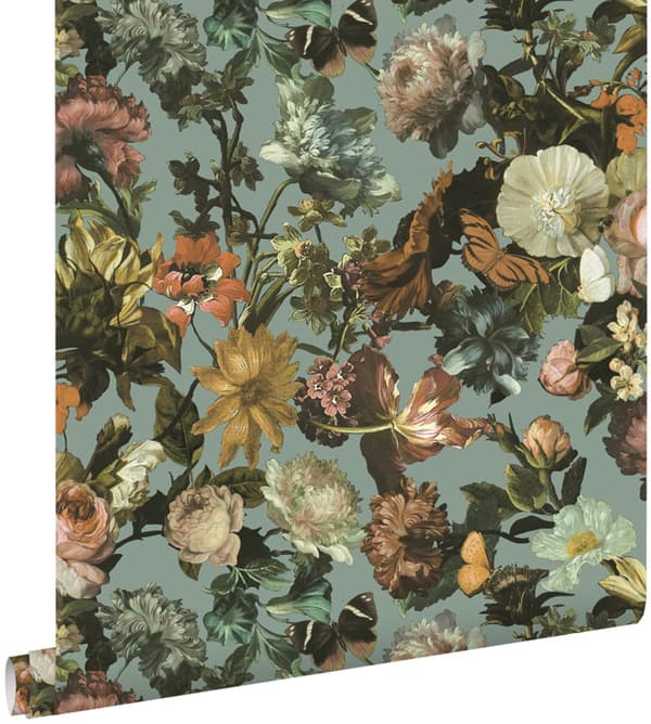 ESTAhome tapet blommor vintage gråblått 53 cm x 10,05 m