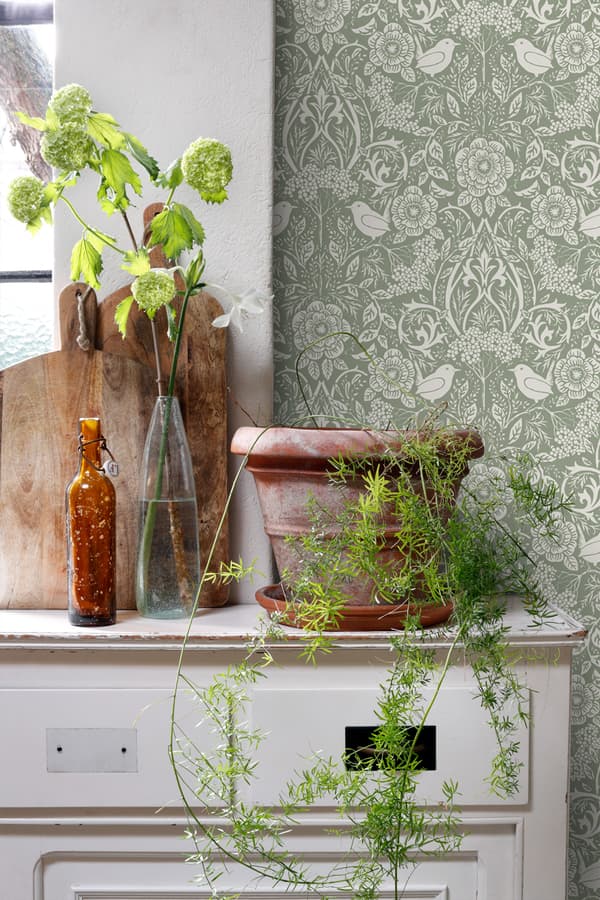 ESTAhome tapet blommor och fåglar art nouveau stil grågrönt 53 cm x 10,05 m