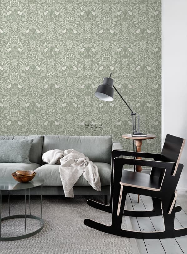 ESTAhome tapet blommor och fåglar art nouveau stil grågrönt 53 cm x 10,05 m