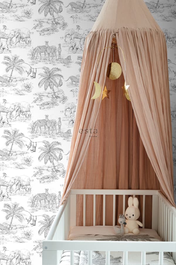 ESTAhome tapet jungledyr sort og hvidt 53 cm x 10,05 m