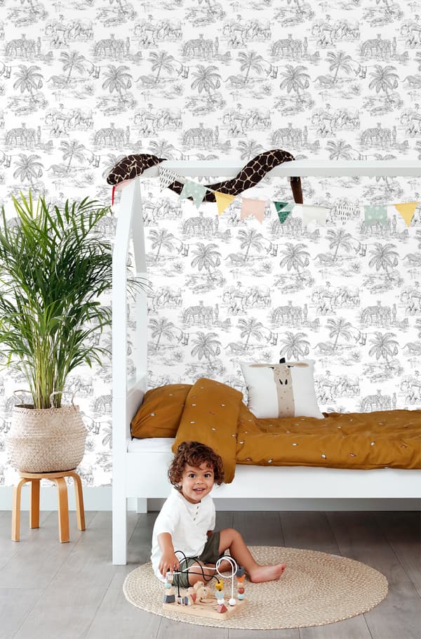 ESTAhome tapet jungledyr sort og hvidt 53 cm x 10,05 m