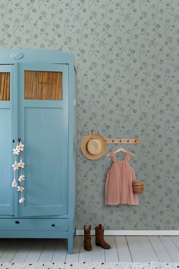 ESTAhome tapet toile de Jouy rosor grågrönt 0,53 x 10,05 m