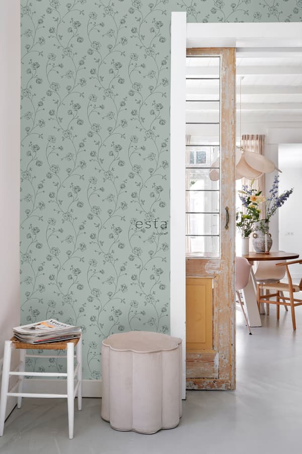ESTAhome tapet toile de Jouy rosor grågrönt 0,53 x 10,05 m